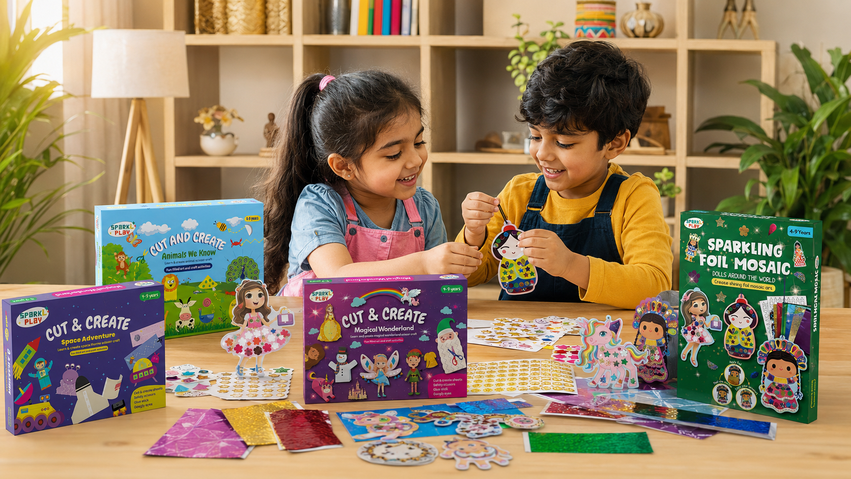 Kids creating with SparkLPlay arts and crafts kits