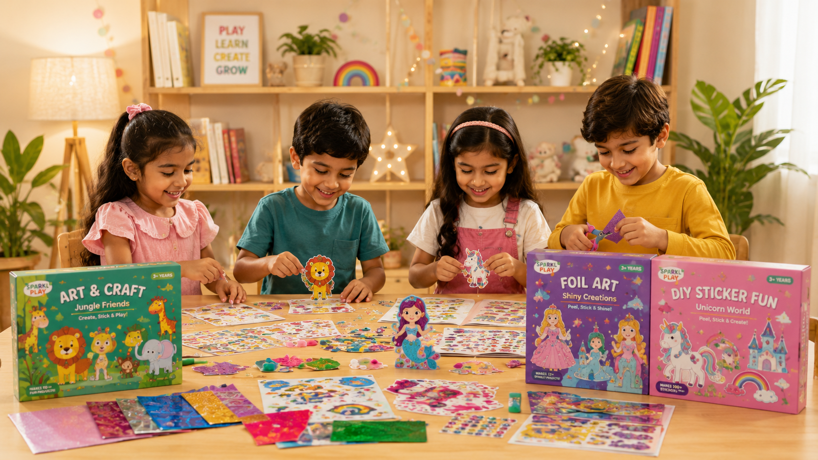 Kids creating with SparkLPlay arts and crafts kits